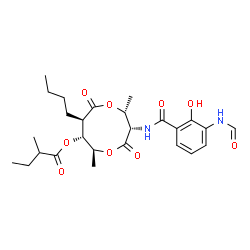ChemSpider 2D Image | (2R,3S,6S,7R,8R)-8-Butyl-3-[(3-formamido-2-hydroxybenzoyl)amino]-2,6-dimethyl-4,9-dioxo-1,5-dioxonan-7-yl 2-methylbutanoate | C26H36N2O9