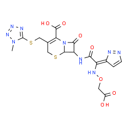 ChemSpider 2D Image | 7-{[(2E)-2-[(Carboxymethoxy)amino]-2-(3H-pyrazol-3-ylidene)acetyl]amino}-3-{[(1-methyl-1H-tetrazol-5-yl)sulfanyl]methyl}-8-oxo-5-thia-1-azabicyclo[4.2.0]oct-2-ene-2-carboxylic acid | C17H17N9O7S2