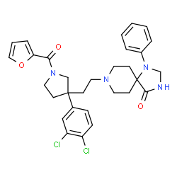 ChemSpider 2D Image | 8-{2-[3-(3,4-Dichlorophenyl)-1-(2-furoyl)-3-pyrrolidinyl]ethyl}-1-phenyl-1,3,8-triazaspiro[4.5]decan-4-one | C30H32Cl2N4O3