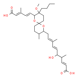 ChemSpider 2D Image | (2E,6E,8E)-10-{9-Butyl-8-[(1E,3E)-4-carboxy-3-methyl-1,3-butadien-1-yl]-9-methoxy-3-methyl-1,7-dioxaspiro[5.5]undec-2-yl}-5-hydroxy-4,8-dimethyl-2,6,8-decatrienoic acid | C33H50O8