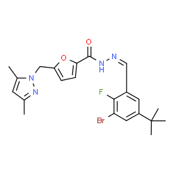 ChemSpider 2D Image | N'-{(Z)-[3-Bromo-2-fluoro-5-(2-methyl-2-propanyl)phenyl]methylene}-5-[(3,5-dimethyl-1H-pyrazol-1-yl)methyl]-2-furohydrazide | C22H24BrFN4O2