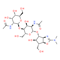 ChemSpider 2D Image | (3aS,4R,5R,6R,6aS)-2-(Dimethylamino)-5-hydroxy-6-(hydroxymethyl)-4,5,6,6a-tetrahydro-3aH-cyclopenta[d][1,3]oxazol-4-yl 2-acetamido-4-O-(2-acetamido-2-deoxy-beta-D-allopyranosyl)-2-deoxy-beta-D-allopyr
anoside | C25H42N4O14
