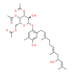 ChemSpider 2D Image | 4-Hydroxy-2-[(2E,6E,9R)-9-hydroxy-3,7,11-trimethyl-2,6,10-dodecatrien-1-yl]-5-methylphenyl 3,4,6-tri-O-acetyl-beta-D-galactopyranoside | C34H48O11