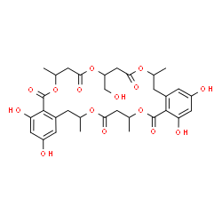 ChemSpider 2D Image | 2,4,18,20-Tetrahydroxy-11-(hydroxymethyl)-7,15,23,27-tetramethyl-7,8,11,12,15,16,23,24,27,28-decahydro-5H,9H,13H,21H,25H-dibenzo[k,u][1,5,9,15,19]pentaoxacyclotetracosine-5,9,13,21,25-pentone | C32H38O15