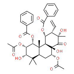 ChemSpider 2D Image | (1alpha,2alpha,3alpha,7alpha,11alpha,12alpha,13alpha)-2,7-Diacetoxy-3,8,13-trihydroxy-13-methyl-14-oxo-12-vinylpodocarpane-1,11-diyl dibenzoate | C38H44O12