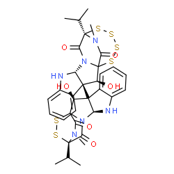 ChemSpider 2D Image | (2S,3S,11R,14R)-2-Hydroxy-3-[(2S,3R,11S,14S)-2-hydroxy-14-isopropyl-18-methyl-13,17-dioxo-15,16-dithia-10,12,18-triazapentacyclo[12.2.2.0~1,12~.0~3,11~.0~4,9~]octadeca-4,6,8-trien-3-yl]-14-isopropyl-2
0-methyl-15,16,17,18-tetrathia-10,12,20-triazapentacyclo[12.4.2.0~1,12~.0~3,11~.0~4,9~]icosa-4,6,8-triene-13,19-dione | C34H36N6O6S6