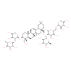 ChemSpider 2D Image | [(2S,3R,4S,5S,6R)-4,5-dihydroxy-3-[(2S,3R,4R,5R,6S)-3,4,5-trihydroxy-6-methyl-tetrahydropyran-2-yl]oxy-6-[[(2S,3R,4S,5R)-3,4,5-trihydroxytetrahydropyran-2-yl]oxymethyl]tetrahydropyran-2-yl] (4aS,6aR,6aS,6bR,8aR,9R,10S,12aR,14bS)-10-[(2S,3R,4S,5S)-4,5-dihydroxy-3-[(2S,3R,4R,5R,6S)-3,4,5-trihydroxy-6-methyl-tetrahydropyran-2-yl]oxy-tetrahydropyran-2-yl]oxy-9-(hydroxymethyl)-2,2,6a,6b,9,12a-hexamethyl-1,3,4,5,6,6a,7,8,8a,10,11,12,13,14b-tetradecahydropicene-4a-carboxylate | C58H94O25