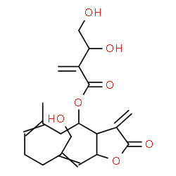ChemSpider 2D Image | 10-(Hydroxymethyl)-6-methyl-3-methylene-2-oxo-2,3,3a,4,5,8,9,11a-octahydrocyclodeca[b]furan-4-yl 3,4-dihydroxy-2-methylenebutanoate | C20H26O7