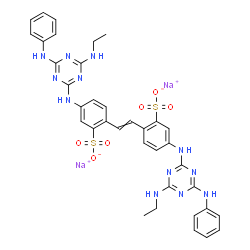 ChemSpider 2D Image | Disodium 2,2'-(1,2-ethenediyl)bis(5-{[4-anilino-6-(ethylamino)-1,3,5-triazin-2-yl]amino}benzenesulfonate) | C36H34N12Na2O6S2