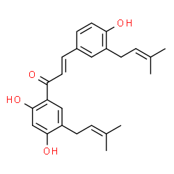 ChemSpider 2D Image | (2E)-1-[2,4-Dihydroxy-5-(3-methyl-2-buten-1-yl)phenyl]-3-[4-hydroxy-3-(3-methyl-2-buten-1-yl)phenyl]-2-propen-1-one | C25H28O4