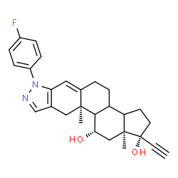ChemSpider 2D Image | (1R,10aR,11S,12aS)-1-Ethynyl-7-(4-fluorophenyl)-10a,12a-dimethyl-1,2,3,3a,3b,4,5,7,10,10a,10b,11,12,12a-tetradecahydrocyclopenta[5,6]naphtho[1,2-f]indazole-1,11-diol | C28H31FN2O2