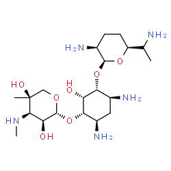 ChemSpider 2D Image | (1S,2R,3R,4S,6R)-4,6-Diamino-3-({(2S,3S,6S)-3-amino-6-[(1S)-1-aminoethyl]tetrahydro-2H-pyran-2-yl}oxy)-2-hydroxycyclohexyl 3-deoxy-4-C-methyl-3-(methylamino)-beta-L-ribopyranoside | C20H41N5O7