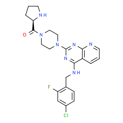 ChemSpider 2D Image | (4-{4-[(4-Chloro-2-fluorobenzyl)amino]pyrido[2,3-d]pyrimidin-2-yl}-1-piperazinyl)[(2R)-2-pyrrolidinyl]methanone | C23H25ClFN7O