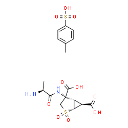 ChemSpider 2D Image | (1R,4S,5S,6S)-4-(L-Alanylamino)-2-thiabicyclo[3.1.0]hexane-4,6-dicarboxylic acid 2,2-dioxide 4-methylbenzenesulfonate (1:1) | C17H22N2O10S2