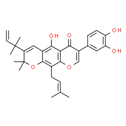 ChemSpider 2D Image | 7-(3,4-Dihydroxyphenyl)-5-hydroxy-2,2-dimethyl-3-(2-methyl-3-buten-2-yl)-10-(3-methyl-2-buten-1-yl)-2H,6H-pyrano[3,2-g]chromen-6-one | C30H32O6