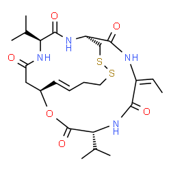 ChemSpider 2D Image | (1S,4R,7E,10S,16E,21S)-7-Ethylidene-4,21-diisopropyl-2-oxa-12,13-dithia-5,8,20,23-tetraazabicyclo[8.7.6]tricos-16-ene-3,6,9,19,22-pentone | C24H36N4O6S2