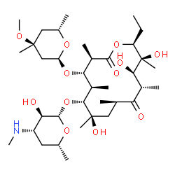 ChemSpider 2D Image | (3R,4S,5R,6R,7R,9R,11S,12R,13S,14S)-14-Ethyl-7,12,13-trihydroxy-6-{[(2S,3R,4S,6R)-3-hydroxy-6-methyl-4-(methylamino)tetrahydro-2H-pyran-2-yl]oxy}-4-{[(2S,4S,6S)-4-methoxy-4,6-dimethyltetrahydro-2H-pyr
an-2-yl]oxy}-3,5,7,9,11,13-hexamethyloxacyclotetradecane-2,10-dione | C36H65NO12