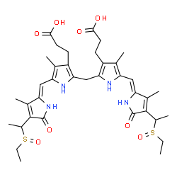 ChemSpider 2D Image | 3-[2-[[3-(2-carboxyethyl)-5-[(Z)-[4-(1-ethylsulfinylethyl)-3-methyl-5-oxo-pyrrol-2-ylidene]methyl]-4-methyl-1H-pyrrol-2-yl]methyl]-5-[(Z)-[4-(1-ethylsulfinylethyl)-3-methyl-5-oxo-pyrrol-2-ylidene]methyl]-4-methyl-1H-pyrrol-3-yl]propanoic acid | C37H48N4O8S2