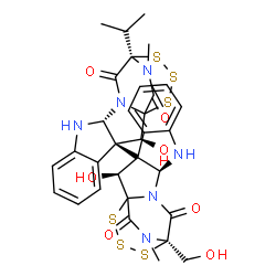 ChemSpider 2D Image | (2S,2'S,3R,3'S,11S,11'R,14R,14'R)-2,2'-Dihydroxy-14-(hydroxymethyl)-14'-isopropyl-19,19'-dimethyl-3,3'-bi(15,16,17-trithia-10,12,19-triazapentacyclo[12.3.2.0~1,12~.0~3,11~.0~4,9~]nonadecane)-4,4',6,6'
,8,8'-hexaene-13,13',18,18'-tetrone | C32H32N6O7S6