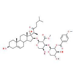 ChemSpider 2D Image | (3beta,8xi,9xi,14xi,16beta)-3,17-Dihydroxy-22-oxocholest-5-en-16-yl 2-deoxy-3-O-[2-O-(4-methoxybenzoyl)-beta-D-xylopyranosyl]-2-(methoxycarbonyl)-alpha-L-arabinopyranoside | C47H68O15