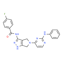 ChemSpider 2D Image | N-[5-(2-Anilino-4-pyrimidinyl)-1,4,5,6-tetrahydropyrrolo[3,4-c]pyrazol-3-yl]-4-fluorobenzamide | C22H18FN7O
