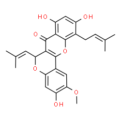 ChemSpider 2D Image | 3,8,10-Trihydroxy-2-methoxy-11-(3-methyl-2-buten-1-yl)-6-(2-methyl-1-propen-1-yl)-6H,7H-chromeno[4,3-b]chromen-7-one | C26H26O7