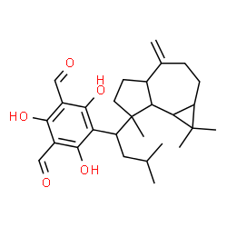 ChemSpider 2D Image | 2,4,6-Trihydroxy-5-[3-methyl-1-(1,1,7-trimethyl-4-methylenedecahydro-1H-cyclopropa[e]azulen-7-yl)butyl]isophthalaldehyde | C28H38O5