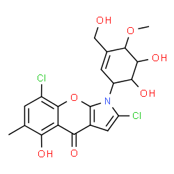 ChemSpider 2D Image | 2,8-Dichloro-1-[5,6-dihydroxy-3-(hydroxymethyl)-4-methoxy-2-cyclohexen-1-yl]-5-hydroxy-6-methylchromeno[2,3-b]pyrrol-4(1H)-one | C20H19Cl2NO7
