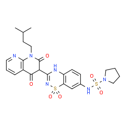 ChemSpider 2D Image | N-{3-[1-(3-Methylbutyl)-2,4-dioxo-1,2,3,4-tetrahydro-1,8-naphthyridin-3-yl]-1,1-dioxido-4H-1,2,4-benzothiadiazin-7-yl}-1-pyrrolidinesulfonamide | C24H28N6O6S2