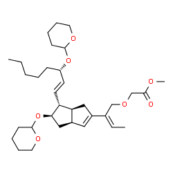 ChemSpider 2D Image | Methyl {[(2Z)-2-{(3aS,5R,6R,6aS)-5-(tetrahydro-2H-pyran-2-yloxy)-6-[(1E,3S)-3-(tetrahydro-2H-pyran-2-yloxy)-1-octen-1-yl]-1,3a,4,5,6,6a-hexahydro-2-pentalenyl}-2-buten-1-yl]oxy}acetate | C33H52O7