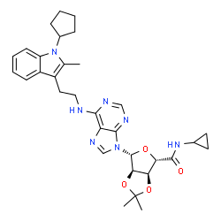 ChemSpider 2D Image | (3aS,4S,6R,6aR)-6-(6-{[2-(1-Cyclopentyl-2-methyl-1H-indol-3-yl)ethyl]amino}-9H-purin-9-yl)-N-cyclopropyl-2,2-dimethyltetrahydrofuro[3,4-d][1,3]dioxole-4-carboxamide | C32H39N7O4