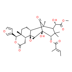 ChemSpider 2D Image | (1S,2R,4S,5R,9R,10R,13R,14S,17S)-9-(3-Furyl)-1-hydroxy-15-[(1S)-1-hydroxy-2-methoxy-2-oxoethyl]-10,14,16,16-tetramethyl-7,18-dioxo-3,8-dioxapentacyclo[12.3.1.0~2,4~.0~4,13~.0~5,10~]octadec-17-yl (2E)-
2-methyl-2-butenoate | C32H40O11