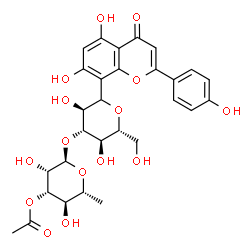 ChemSpider 2D Image | (1xi)-3-O-(3-O-Acetyl-6-deoxy-alpha-D-mannopyranosyl)-1,5-anhydro-1-[5,7-dihydroxy-2-(4-hydroxyphenyl)-4-oxo-4H-chromen-8-yl]-D-glucitol | C29H32O15