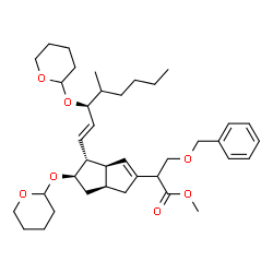 ChemSpider 2D Image | Methyl 3-(benzyloxy)-2-[(3aR,4R,5R,6aS)-4-[(1E,3S)-4-methyl-3-(tetrahydro-2H-pyran-2-yloxy)-1-octen-1-yl]-5-(tetrahydro-2H-pyran-2-yloxy)-1,3a,4,5,6,6a-hexahydro-2-pentalenyl]propanoate | C38H56O7