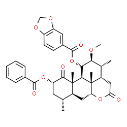ChemSpider 2D Image | (2alpha,11alpha,12beta)-2-(Benzoyloxy)-12-methoxy-1,16-dioxopicrasan-11-yl 1,3-benzodioxole-5-carboxylate | C36H40O10