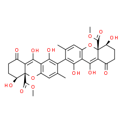 ChemSpider 2D Image | Dimethyl (5S,5'S,10aS,10a'S)-1,1',5,5',9,9'-hexahydroxy-3,3'-dimethyl-8,8'-dioxo-5,5',6,6',7,7',8,8'-octahydro-10aH,10a'H-2,2'-bixanthene-10a,10a'-dicarboxylate | C32H30O14