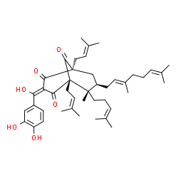 ChemSpider 2D Image | (1R,3E,5S,6S,7R)-3-[(3,4-Dihydroxyphenyl)(hydroxy)methylene]-7-[(2E)-3,7-dimethyl-2,6-octadien-1-yl]-6-methyl-1,5-bis(3-methyl-2-buten-1-yl)-6-(4-methyl-3-penten-1-yl)bicyclo[3.3.1]nonane-2,4,9-trione | C43H58O6