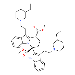 ChemSpider 2D Image | Dimethyl (6R,9R)-10-[2-(3-ethyl-1-piperidinyl)ethyl]-6-{3-[2-(3-ethyl-1-piperidinyl)ethyl]-1H-indol-2-yl}-6,7,8,9-tetrahydropyrido[1,2-a]indole-6,9-dicarboxylate | C42H56N4O4