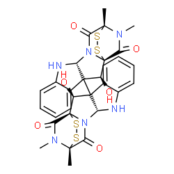 ChemSpider 2D Image | (1S,1'S,2S,2'S,11R,11'R,14R,14'R)-2,2'-Dihydroxy-14,14',18,18'-tetramethyl-3,3'-bi(15,16-dithia-10,12,18-triazapentacyclo[12.2.2.0~1,12~.0~3,11~.0~4,9~]octadecane)-4,4',6,6',8,8'-hexaene-13,13',17,17'
-tetrone | C30H28N6O6S4