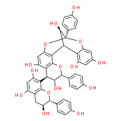 ChemSpider 2D Image | (6R,7S,13S,21R)-5,13-Bis(4-hydroxyphenyl)-7-[(2R,3S)-3,5,7-trihydroxy-2-(4-hydroxyphenyl)-3,4-dihydro-2H-chromen-8-yl]-4,12,14-trioxapentacyclo[11.7.1.0~2,11~.0~3,8~.0~15,20~]henicosa-2,8,10,15,17,19-
hexaene-6,9,17,19,21-pentol | C45H36O15