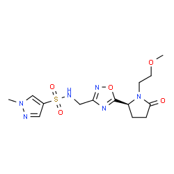 ChemSpider 2D Image | N-({5-[(2S)-1-(2-Methoxyethyl)-5-oxo-2-pyrrolidinyl]-1,2,4-oxadiazol-3-yl}methyl)-1-methyl-1H-pyrazole-4-sulfonamide | C14H20N6O5S