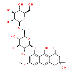 ChemSpider 2D Image | 6,9-Dihydroxy-3-methoxy-6-methyl-8-oxo-5,6,7,8-tetrahydro-1-anthracenyl 6-O-beta-D-glucopyranosyl-beta-D-glucopyranoside | C28H36O15