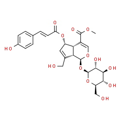 ChemSpider 2D Image | Methyl (1S,4aS,5S,7aS)-1-(beta-D-glucopyranosyloxy)-7-(hydroxymethyl)-5-{[(2E)-3-(4-hydroxyphenyl)-2-propenoyl]oxy}-1,4a,5,7a-tetrahydrocyclopenta[c]pyran-4-carboxylate | C26H30O13