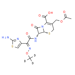 ChemSpider 2D Image | (6R,7R)-3-(Acetoxymethyl)-7-{[(2E)-2-(2-amino-1,3-thiazol-4-yl)-2-{[(~2~H_3_)methyloxy]imino}acetyl]amino}-8-oxo-5-thia-1-azabicyclo[4.2.0]oct-2-ene-2-carboxylic acid | C16H14D3N5O7S2
