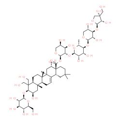 ChemSpider 2D Image | 3-O-[(2R,3S,4S)-3,4-Dihydroxy-4-(hydroxymethyl)tetrahydro-2-furanyl]-beta-L-xylopyranosyl-(1->4)-6-deoxy-alpha-D-mannopyranosyl-(1->2)-1-O-[(2alpha,3alpha,5beta,8alpha,9beta,10alpha,14beta,16beta,17al
pha,18alpha)-3-(beta-L-glucopyranosyloxy)-2,16,23,24-tetrahydroxy-28-oxoolean-12-en-28-yl]-alpha-D-arabinopyranose | C57H92O28