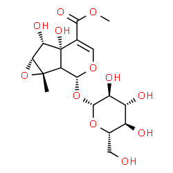 ChemSpider 2D Image | Methyl (1aS,2R,5aS,6S,6aR)-2-(beta-L-glucopyranosyloxy)-5a,6-dihydroxy-1a-methyl-1a,1b,2,5a,6,6a-hexahydrooxireno[4,5]cyclopenta[1,2-c]pyran-5-carboxylate | C17H24O12