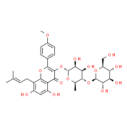 ChemSpider 2D Image | 5,7-Dihydroxy-2-(4-methoxyphenyl)-8-(3-methyl-2-buten-1-yl)-4-oxo-4H-chromen-3-yl 6-deoxy-4-O-beta-L-glucopyranosyl-alpha-D-mannopyranoside | C33H40O15