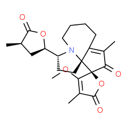 ChemSpider 2D Image | (3R,11R,11aR)-3'-Methoxy-4',9-dimethyl-3-[(2R,4R)-4-methyl-5-oxotetrahydro-2-furanyl]-2,3,5,6,7,8-hexahydro-1H,5'H,10H-spiro[cyclopenta[b]pyrrolo[1,2-a]azepine-11,2'-furan]-5',10-dione | C23H29NO6