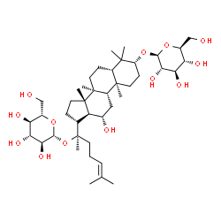 ChemSpider 2D Image | (3alpha,5beta,8alpha,9beta,10alpha,12alpha,13alpha,14beta,17alpha,20R)-20-(beta-L-Glucopyranosyloxy)-12-hydroxydammar-24-en-3-yl beta-L-glucopyranoside | C42H72O13