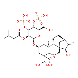 ChemSpider 2D Image | (2beta,5beta,9beta,10alpha,13alpha,15beta)-15-Hydroxy-2-{[2-O-(3-methylbutanoyl)-3,4-di-O-sulfo-beta-D-altropyranosyl]oxy}kaur-16-ene-18,19-dioic acid | C31H46O18S2